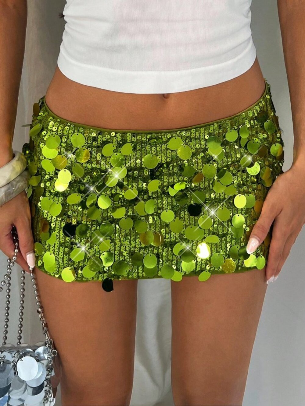 Green Shiny Bodycon Women's Low Waist Mini Skirt with Rhinestone Y2K Clubwear - Picture 3 of 7